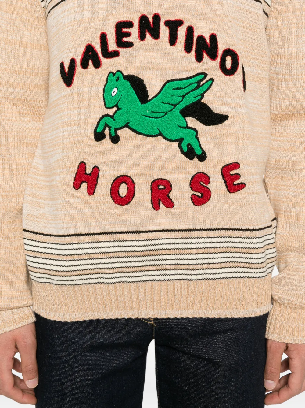 Valentino Garavani pegasus-embroidered striped sweater Beige