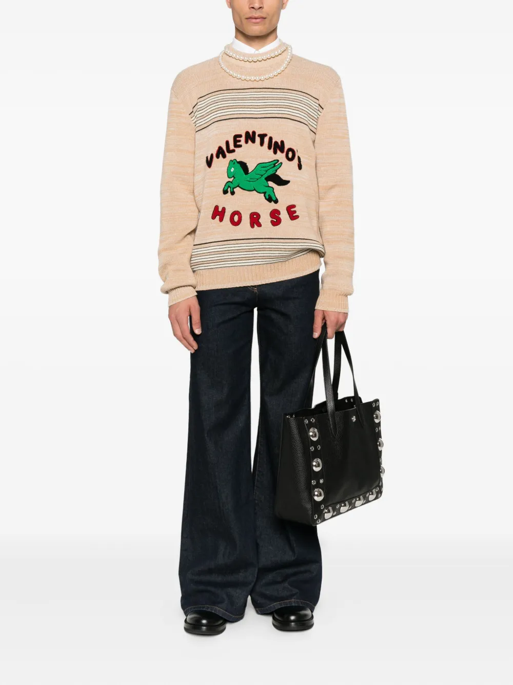 Valentino Garavani pegasus-embroidered striped sweater Beige
