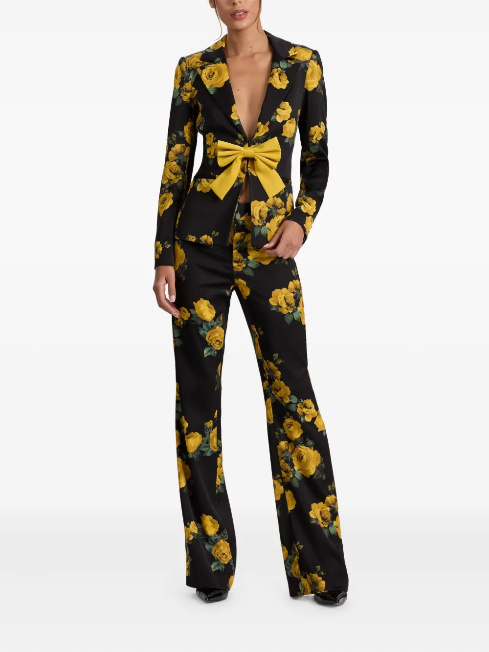 alice + olivia rose-print bow blazer Zwart