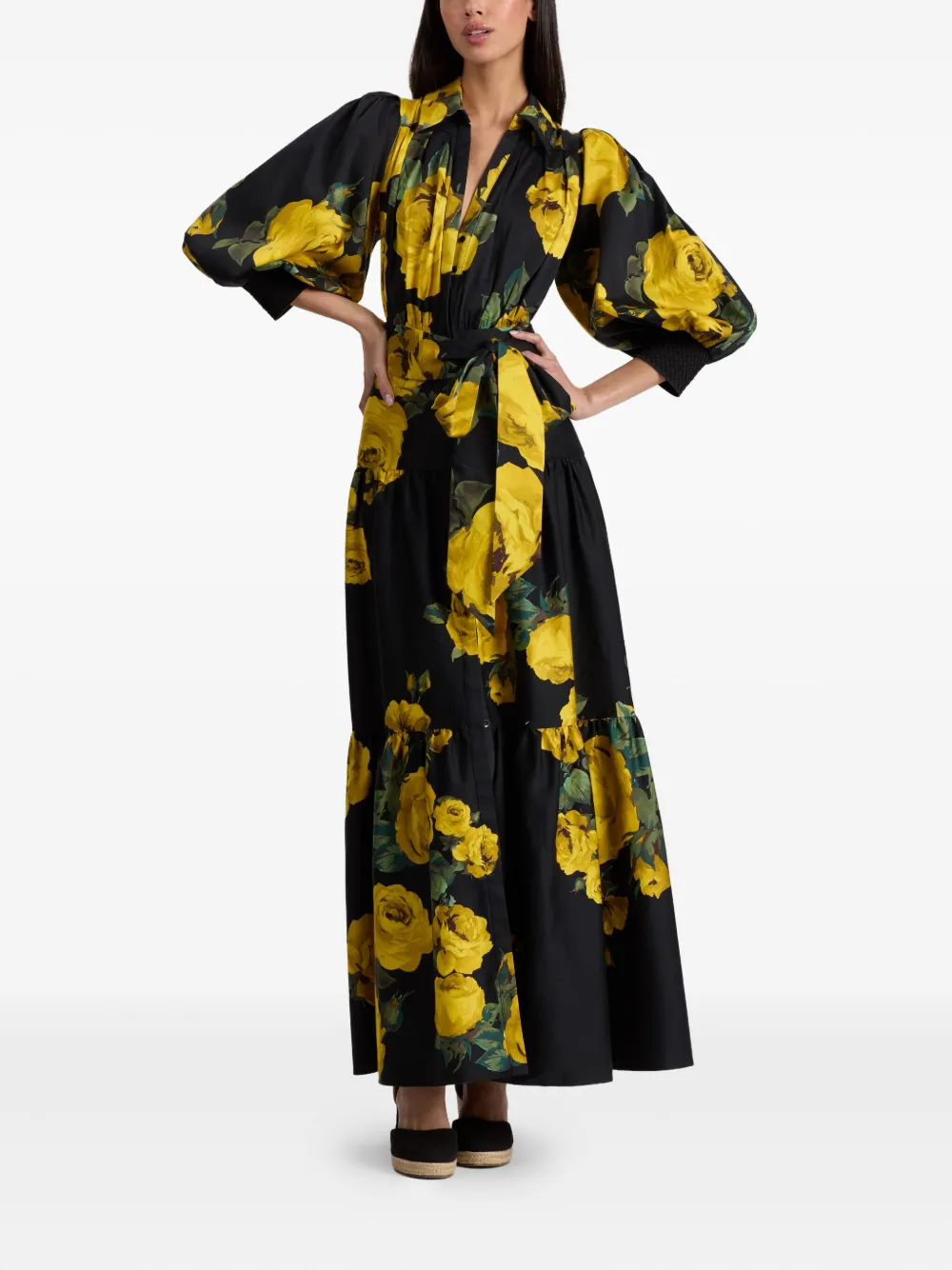 alice + olivia Cora gelaagde maxi-blousejurk met roosprint Zwart