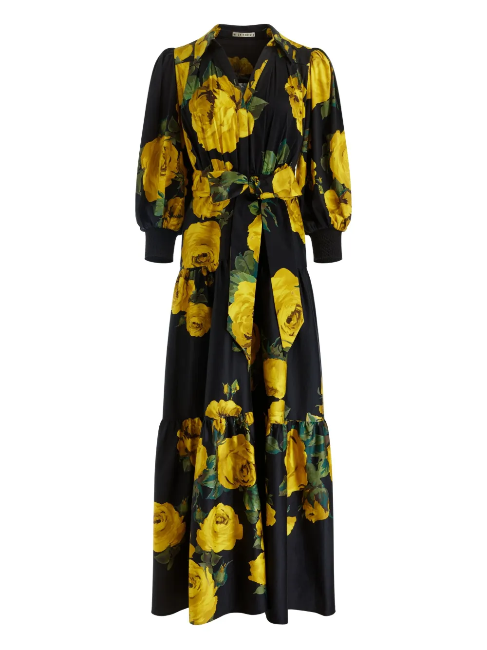 Alice And Olivia Cora Rose-print Tiered Maxi Shirt Dress In Black