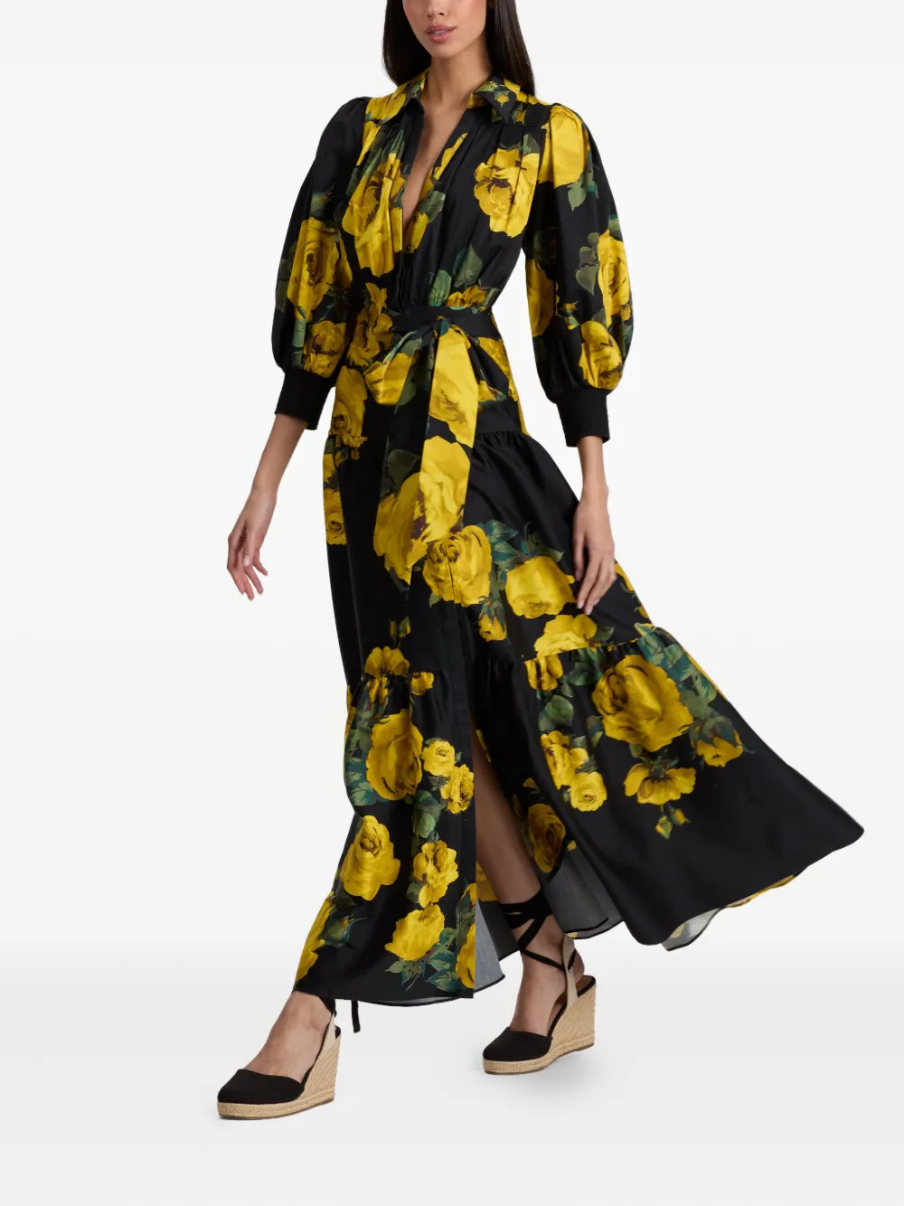 alice + olivia Cora gelaagde maxi-blousejurk met roosprint Zwart