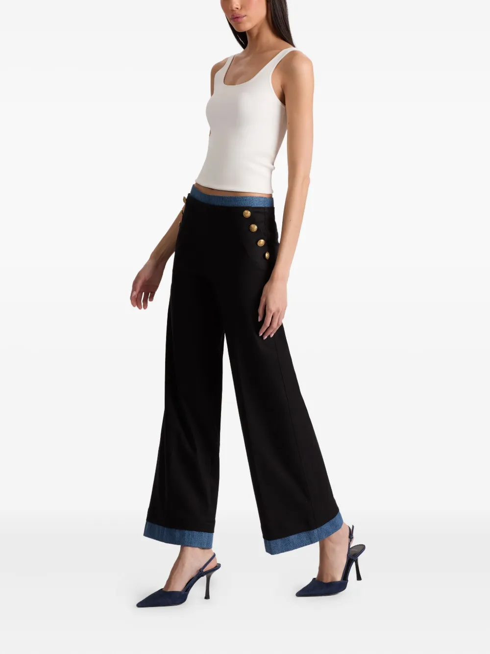 alice + olivia Narin button-detailed denim-trimmed trousers Zwart