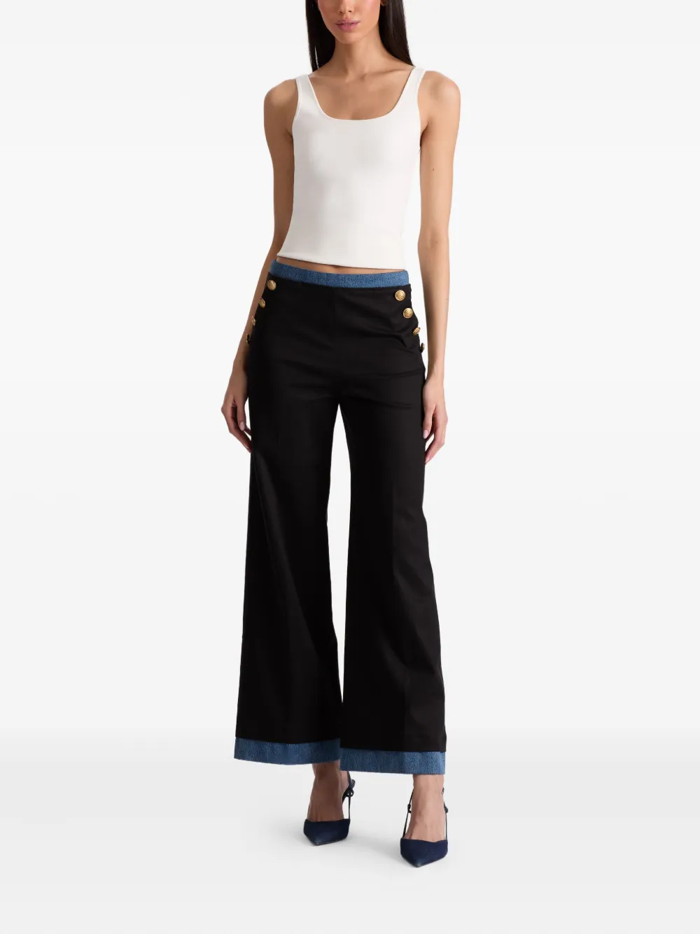 alice + olivia Narin button-detailed denim-trimmed trousers Zwart