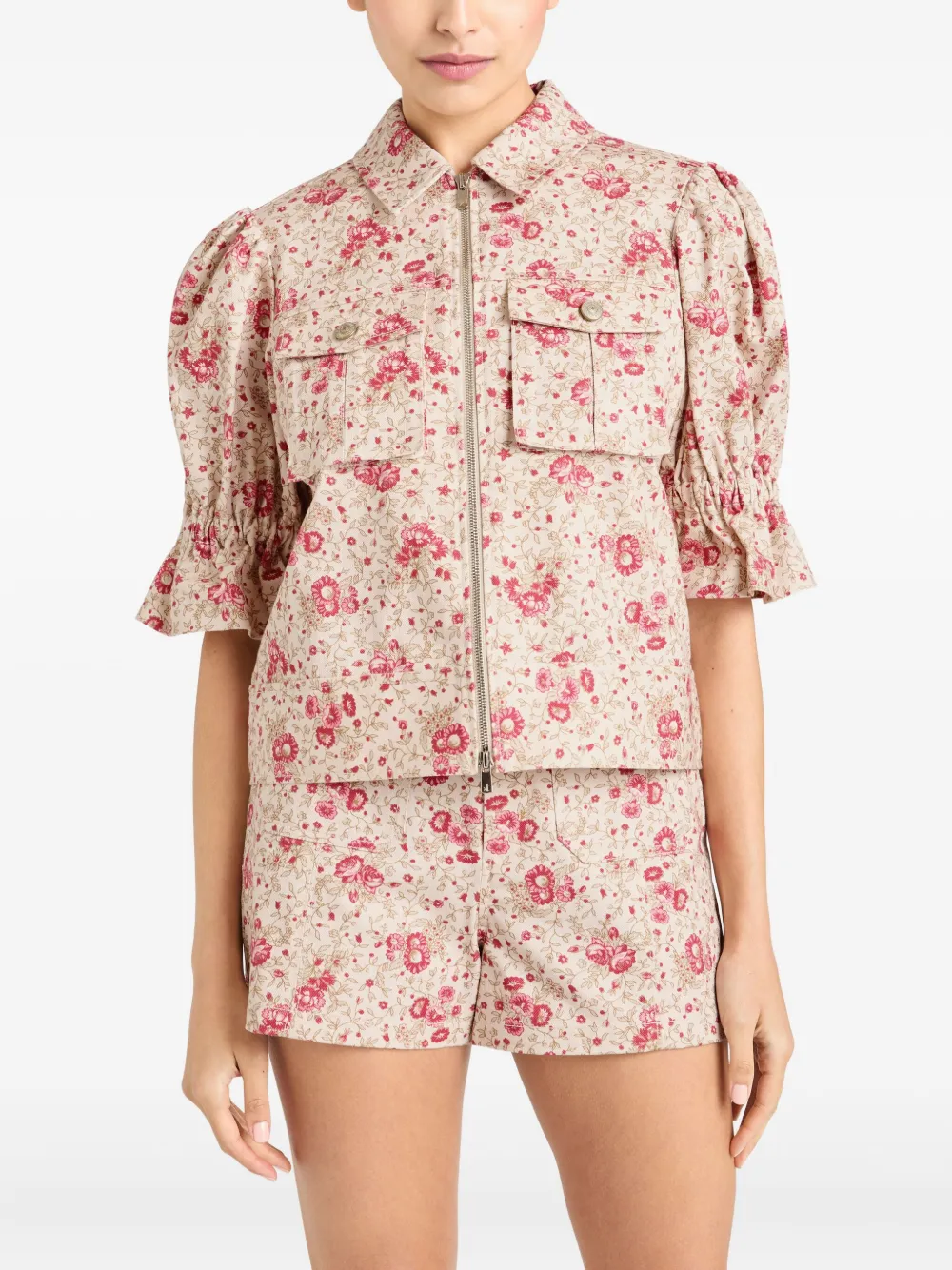 Cinq A Sept Holly floral puff-sleeve jacket Beige