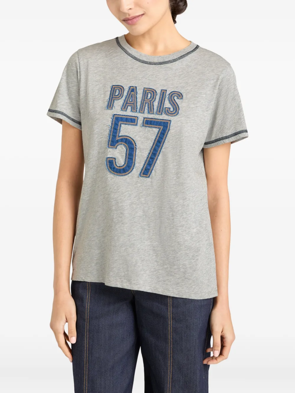 Cinq A Sept T-shirt met denim applicatie Grijs