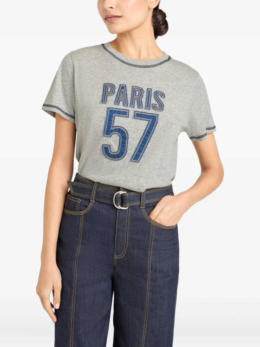 Cinq A Sept T-shirt met denim applicatie Grijs