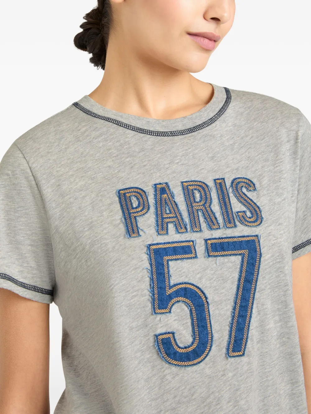 Cinq A Sept T-shirt met denim applicatie Grijs