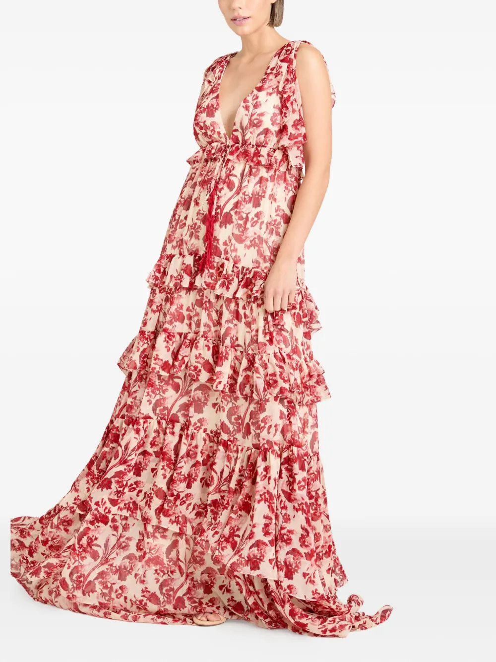 Cinq A Sept Omelia maxi-jurk met bloemenprint en ruches Rood