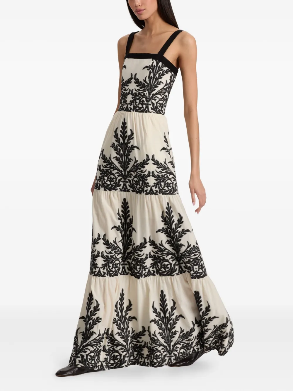 Alice And Olivia Saige Tiered Damask-print Maxi Dress In White