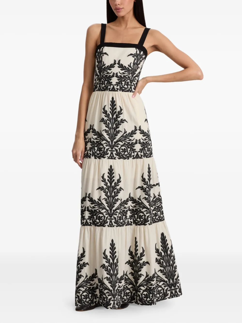 Alice And Olivia Saige Tiered Damask-print Maxi Dress In White