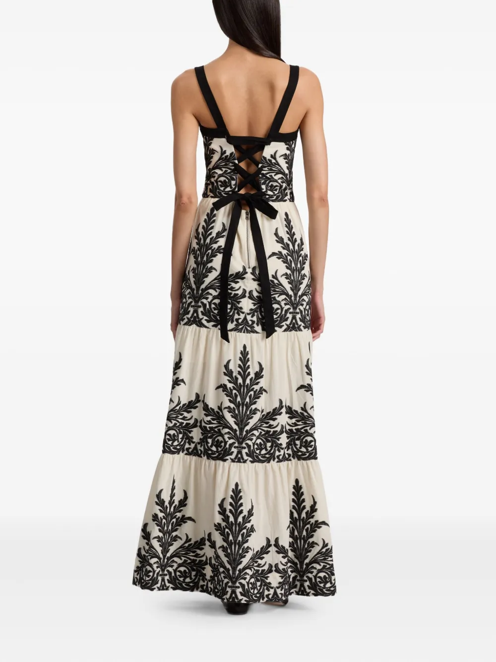 Alice And Olivia Saige Tiered Damask-print Maxi Dress In White