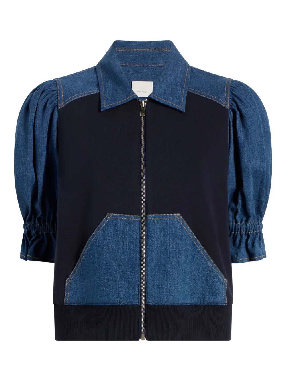 Cinq A Sept Susan denim-panelled puff-sleeve jacket Blauw