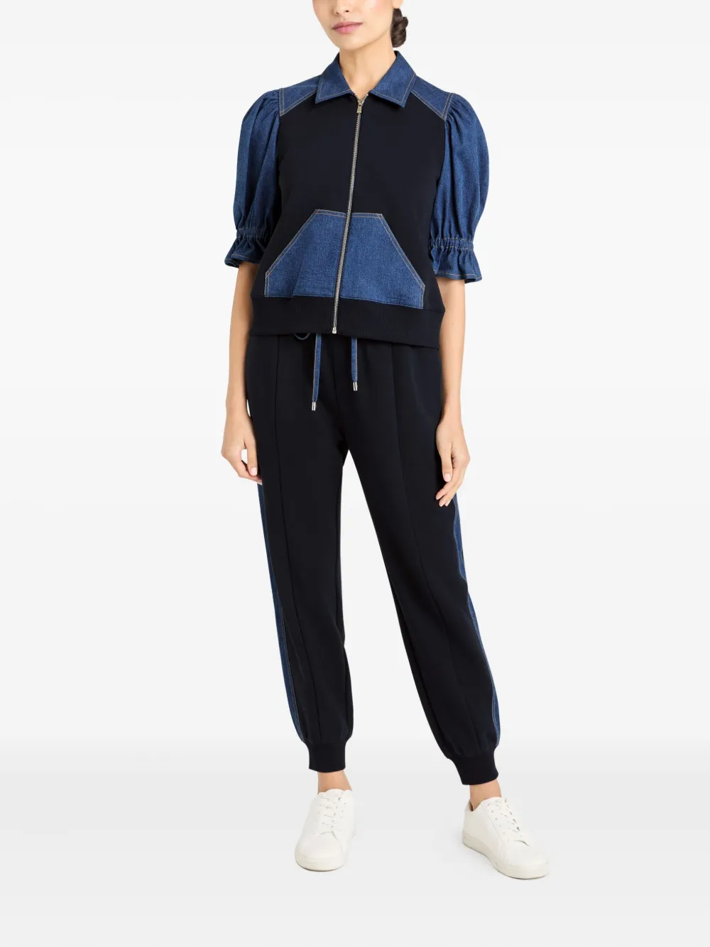 Cinq A Sept Susan denim-panelled puff-sleeve jacket Blauw