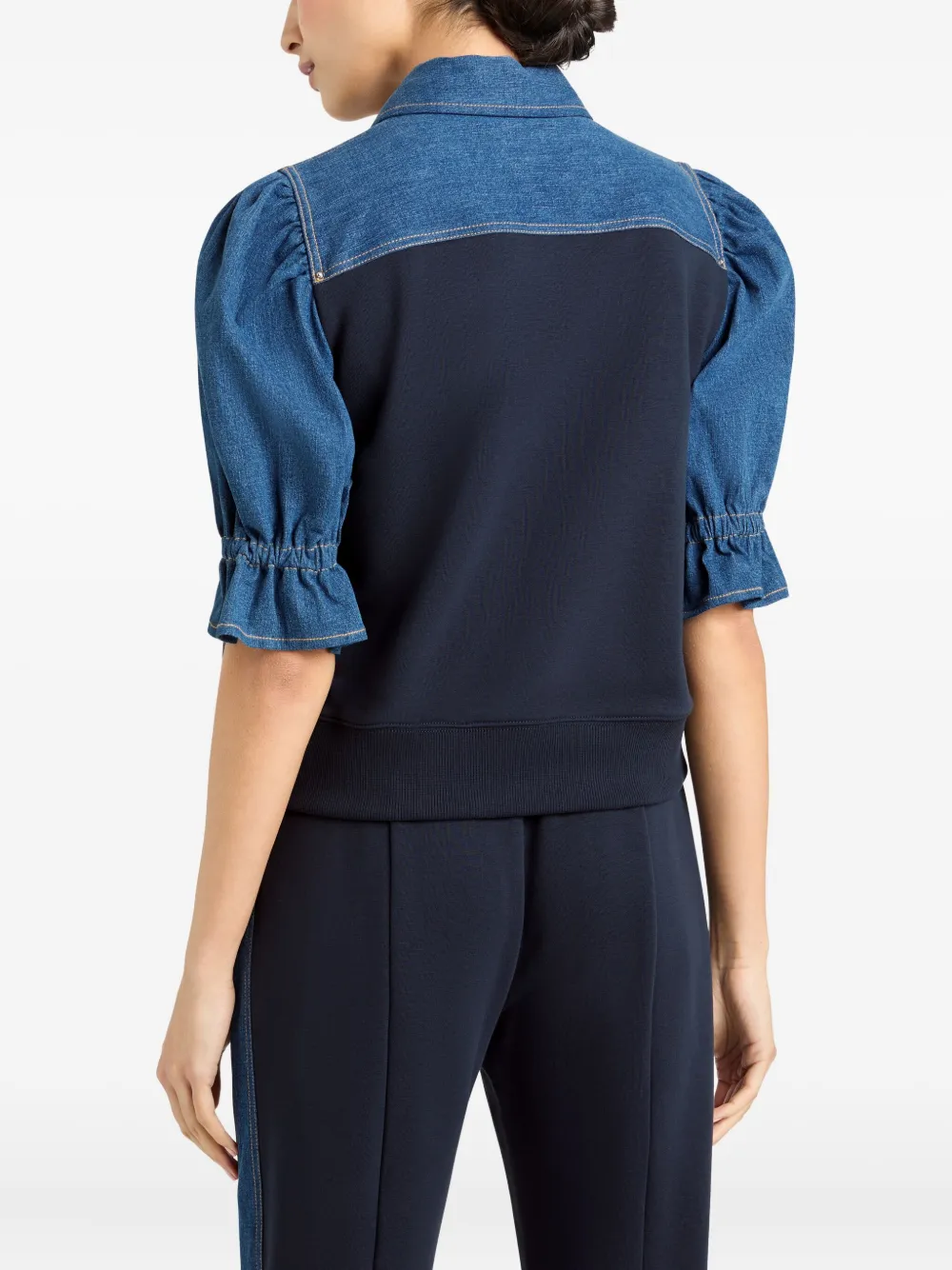 Cinq A Sept Susan denim-panelled puff-sleeve jacket Blauw
