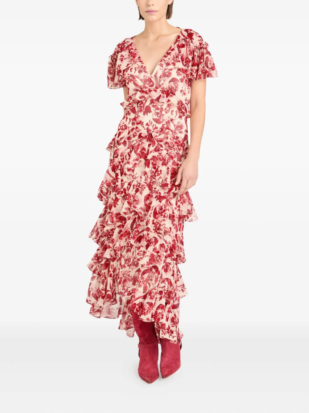 Cinq A Sept floral ruffled midi dress Rood