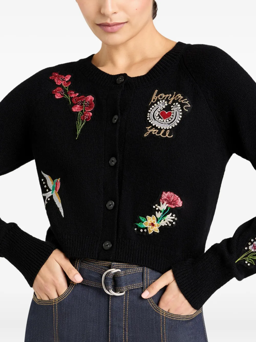 Cinq À Sept Millie Western Amour Beaded Embroidery Cotton Blend Cardigan In Black
