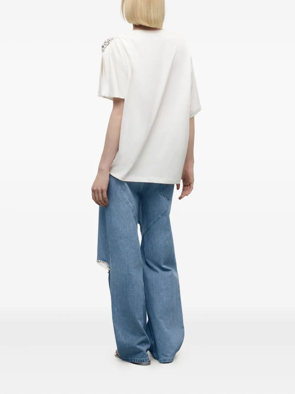 AREA T-shirt verfraaid met kristallen en gedrapeerde mouwen Wit