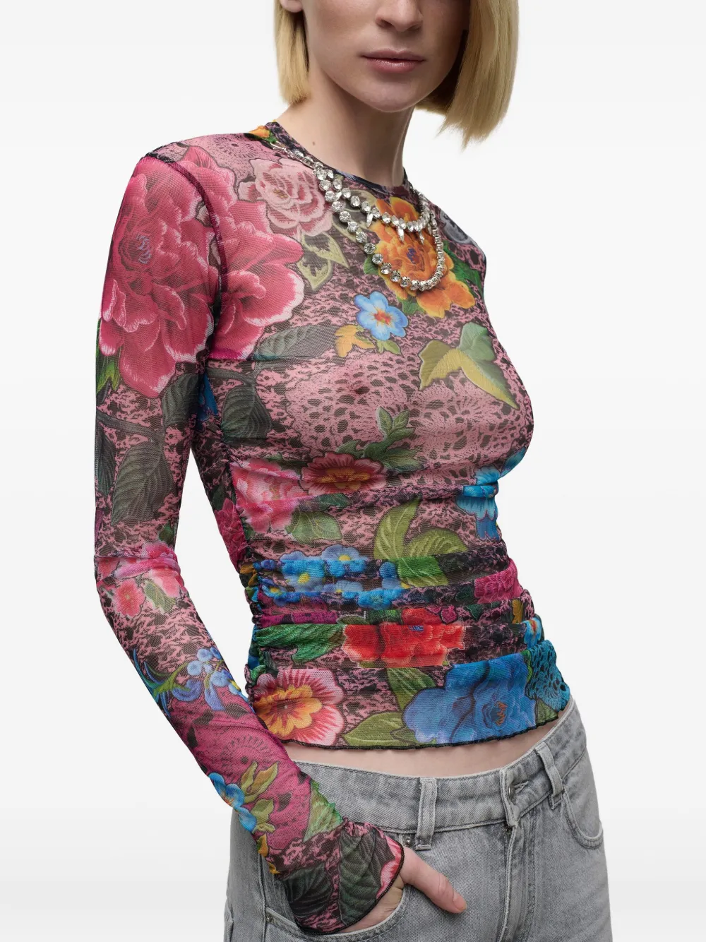 Area Crystal Embellished Printed Tulle Long Sleeve Top In Multi