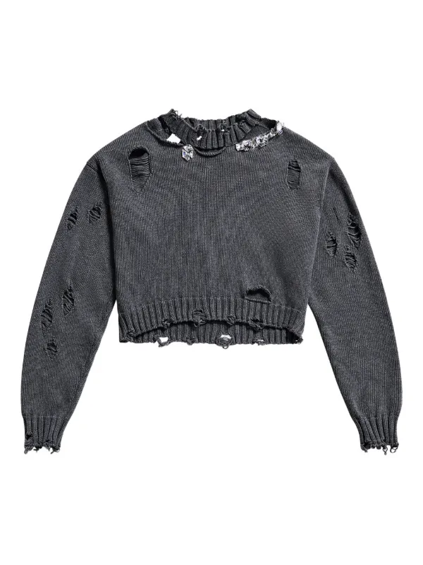 Area Crystal-embellished Distressed Sweater in Grey