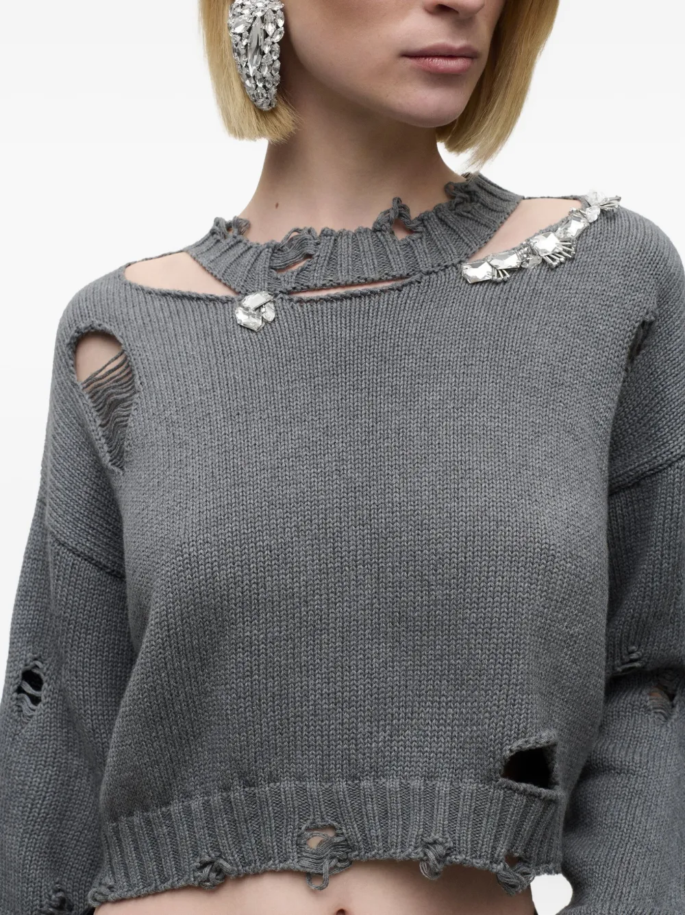 AREA crystal-embellished distressed sweater Groen