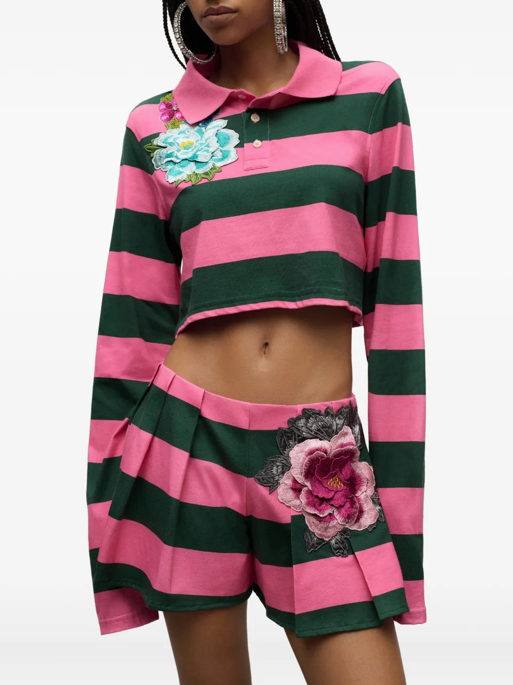 AREA embroidered stripe cropped polo top Roze