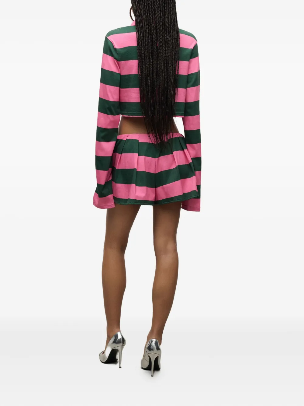 Area Pleated Striped-pattern Flower-embellished Shorts In Purple