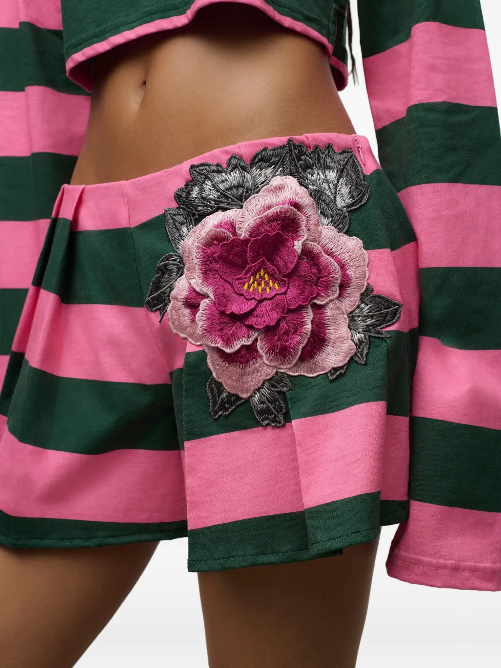 Area Pleated Striped-pattern Flower-embellished Shorts In Purple