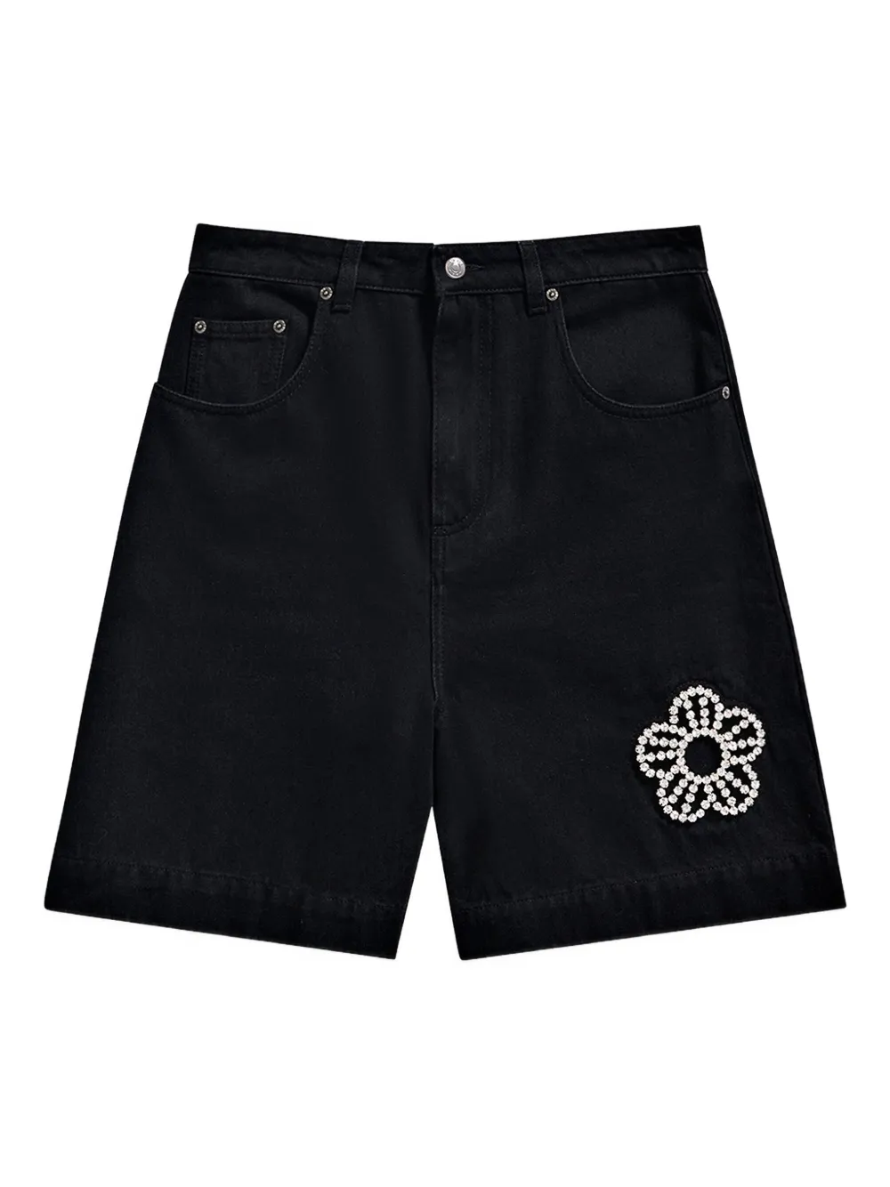AREA crystal-flower denim shorts | Black | Image 1