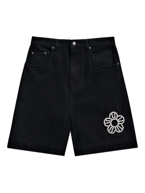 AREA crystal-flower denim shorts