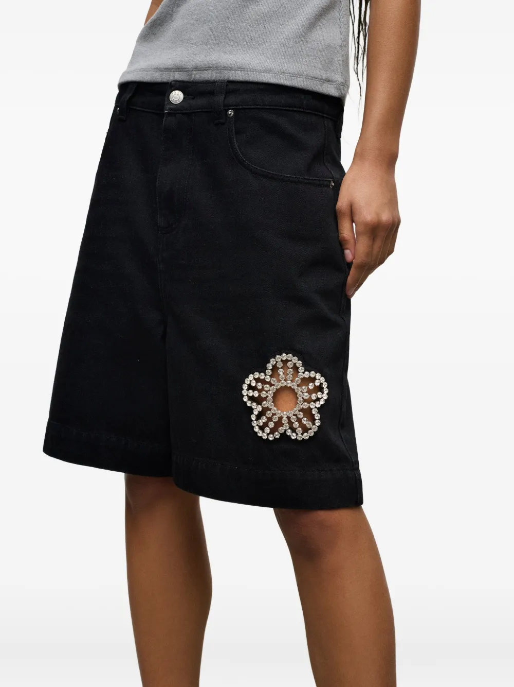 AREA crystal-flower denim shorts Zwart