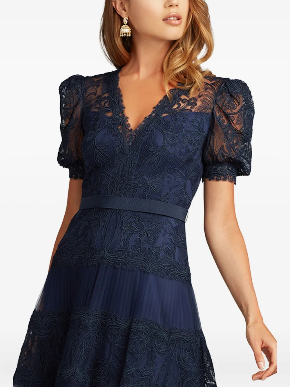 Tadashi Shoji Embroidered Lace Tiered Midi Dress In Blue