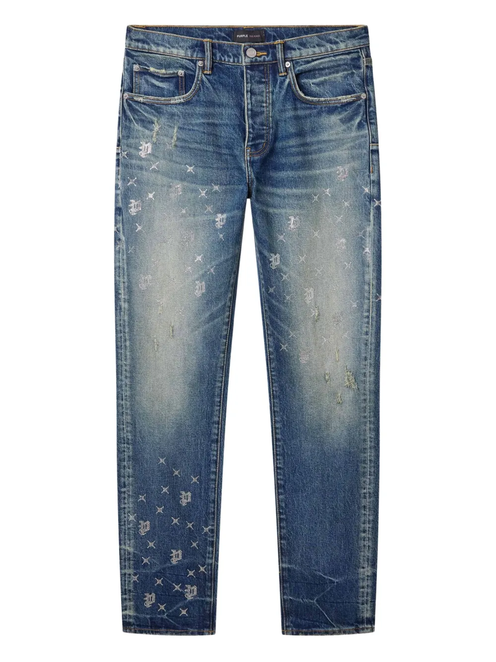 Purple Brand P005 Monogram Bling Embroidered Distressed Jeans In Blue