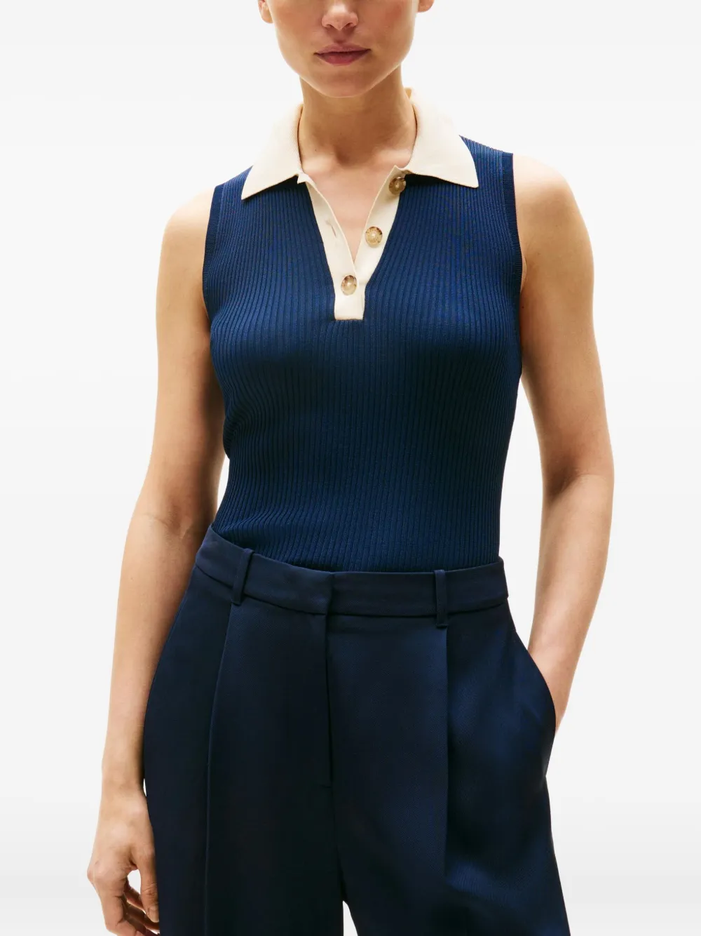 Tommy Hilfiger Mixed Knit Sleeveless Slim Polo Jumper In Blue