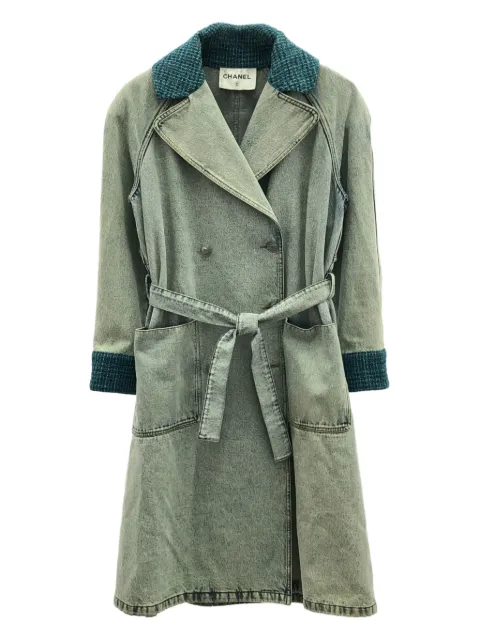 CHANEL Pre-Owned 2000s denim tweed-cuff coat