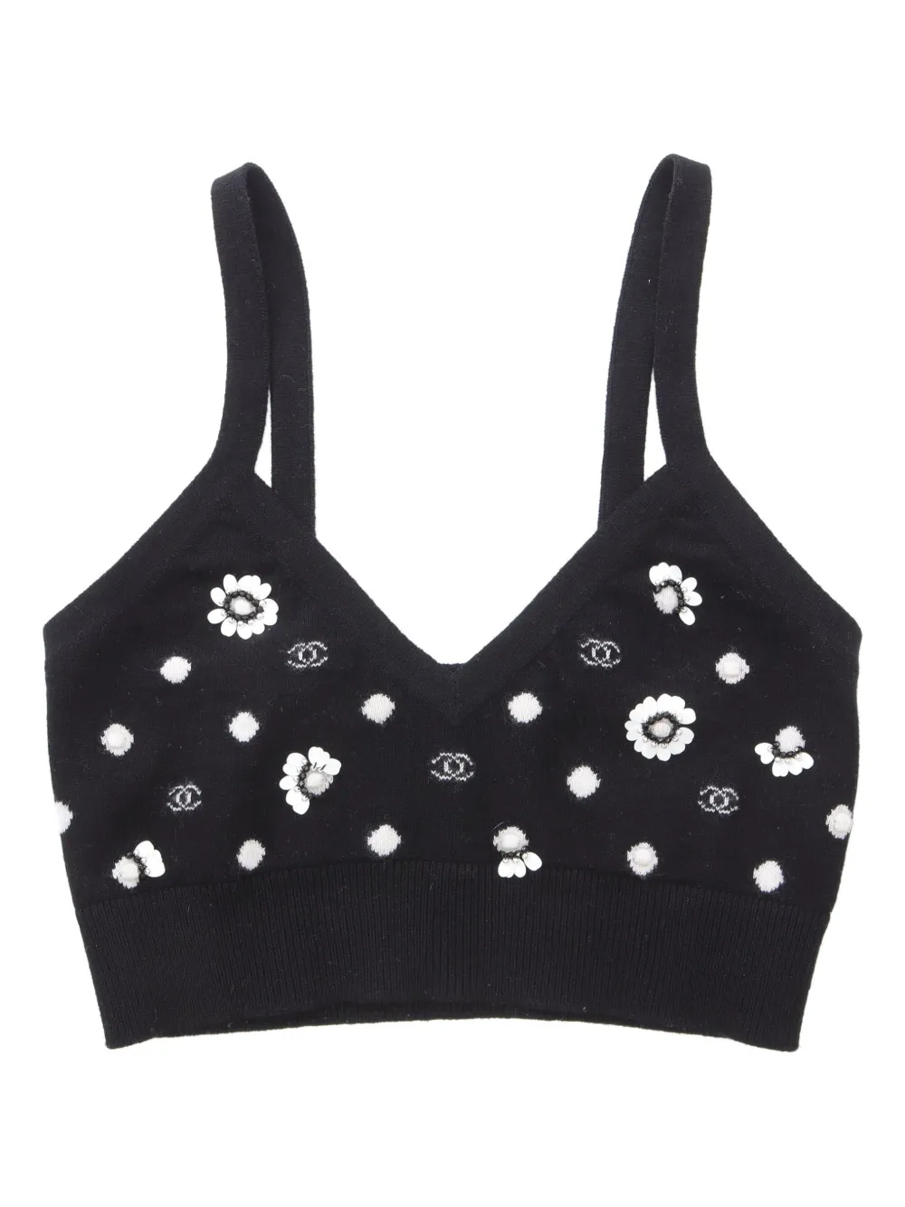 Pre-owned Chanel 1986-1988 Flower-embellishment Cashmere Top In Black