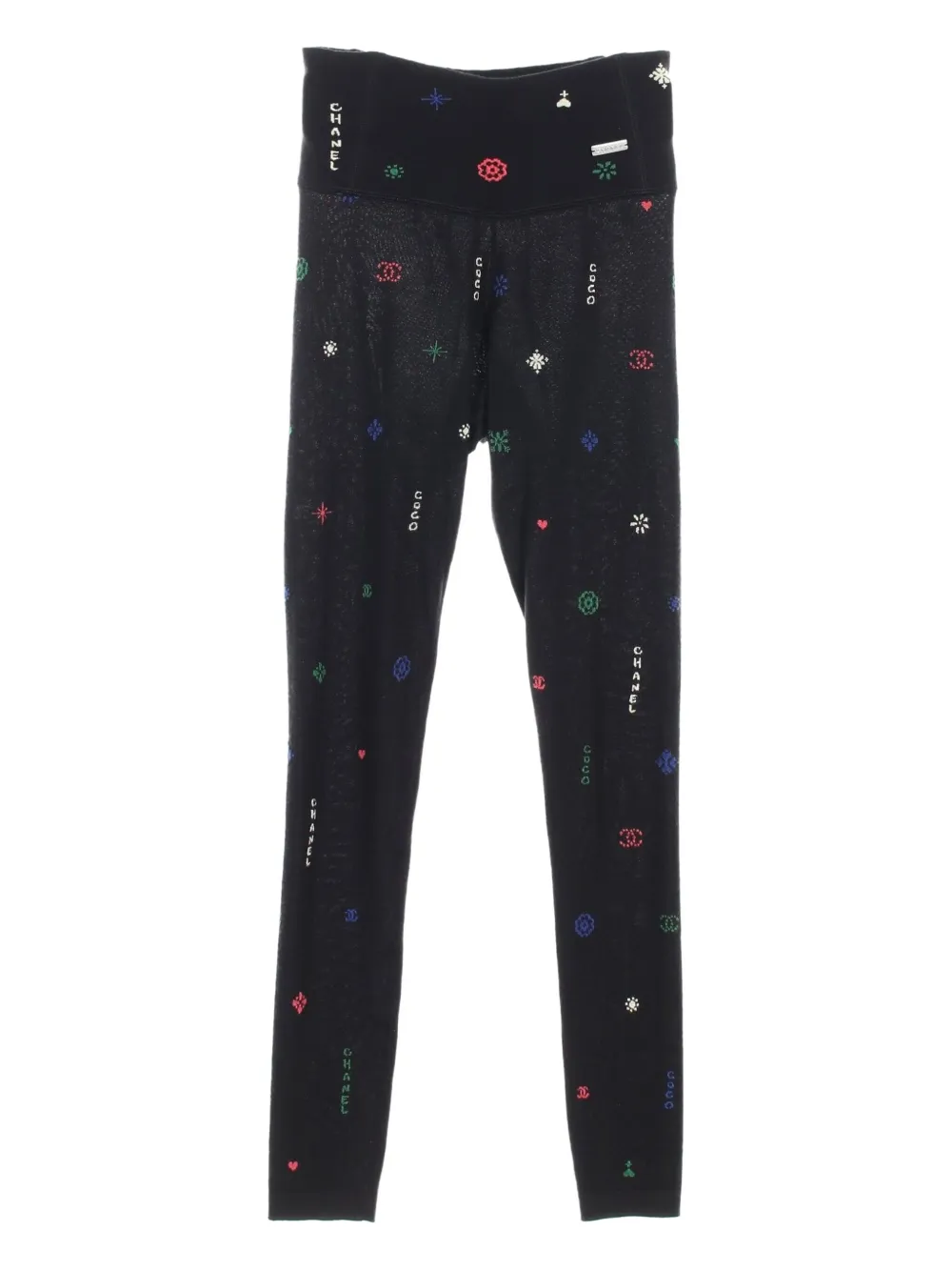 Pre-owned Chanel 1986-1988 Coco-mark Camellia Leggings In Black