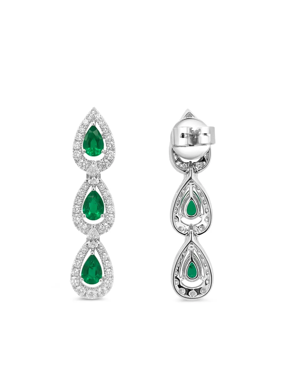 18K white gold emerald and diamond dangling earrings