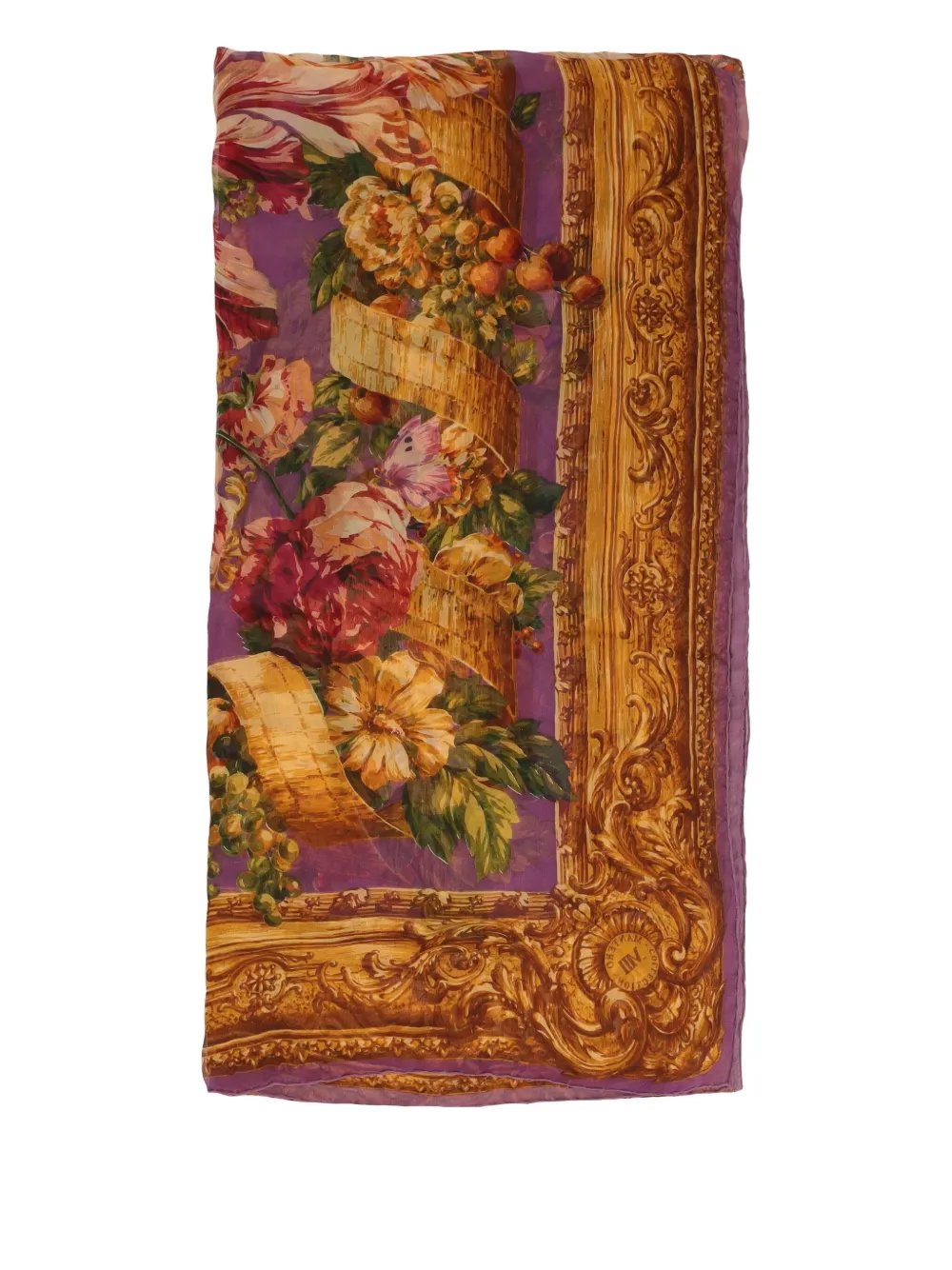 Pre-owned Vintage Baroque Floral Silk Scarf In Purple