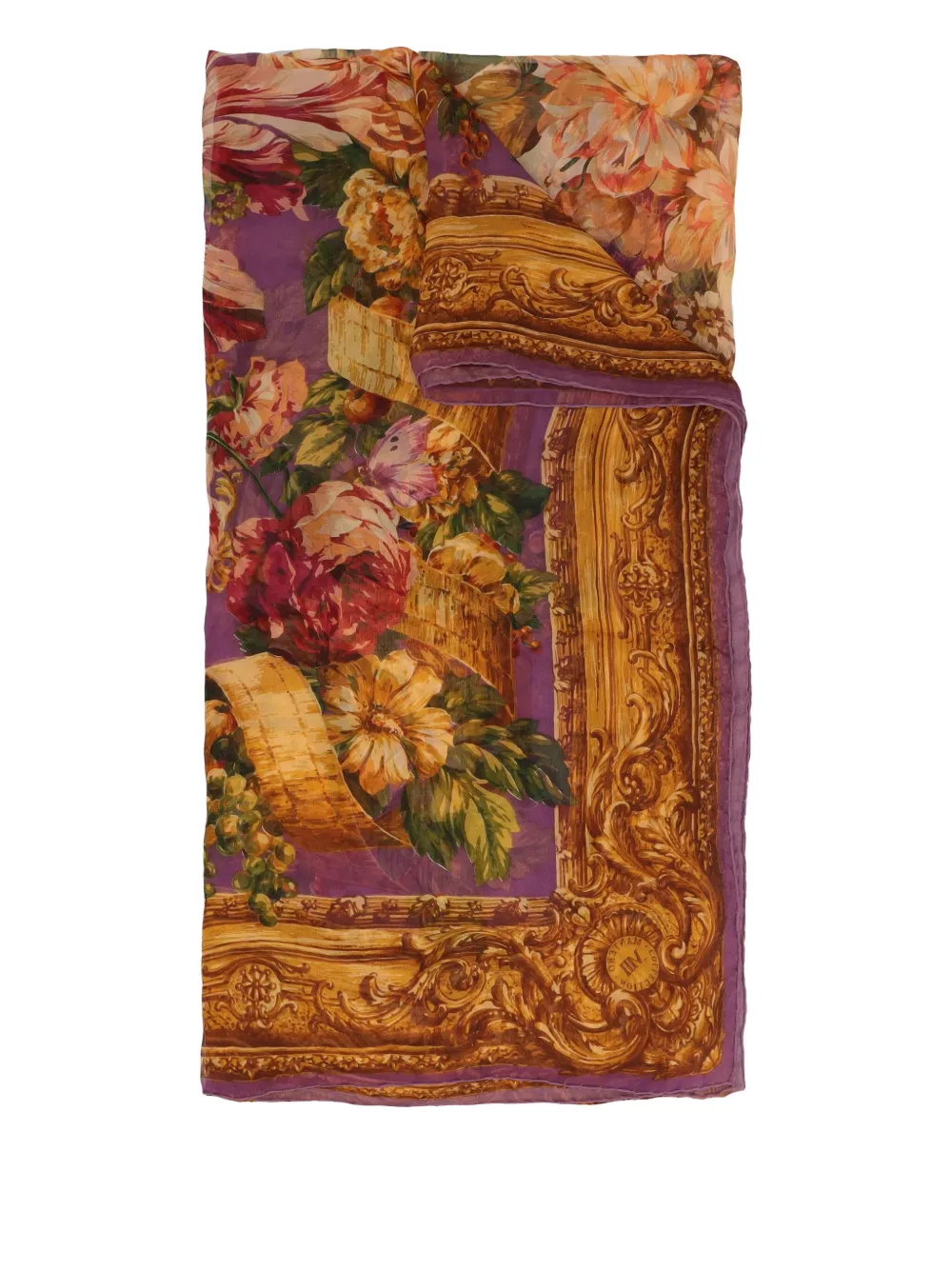 Pre-owned Vintage Baroque Floral Silk Scarf In Purple