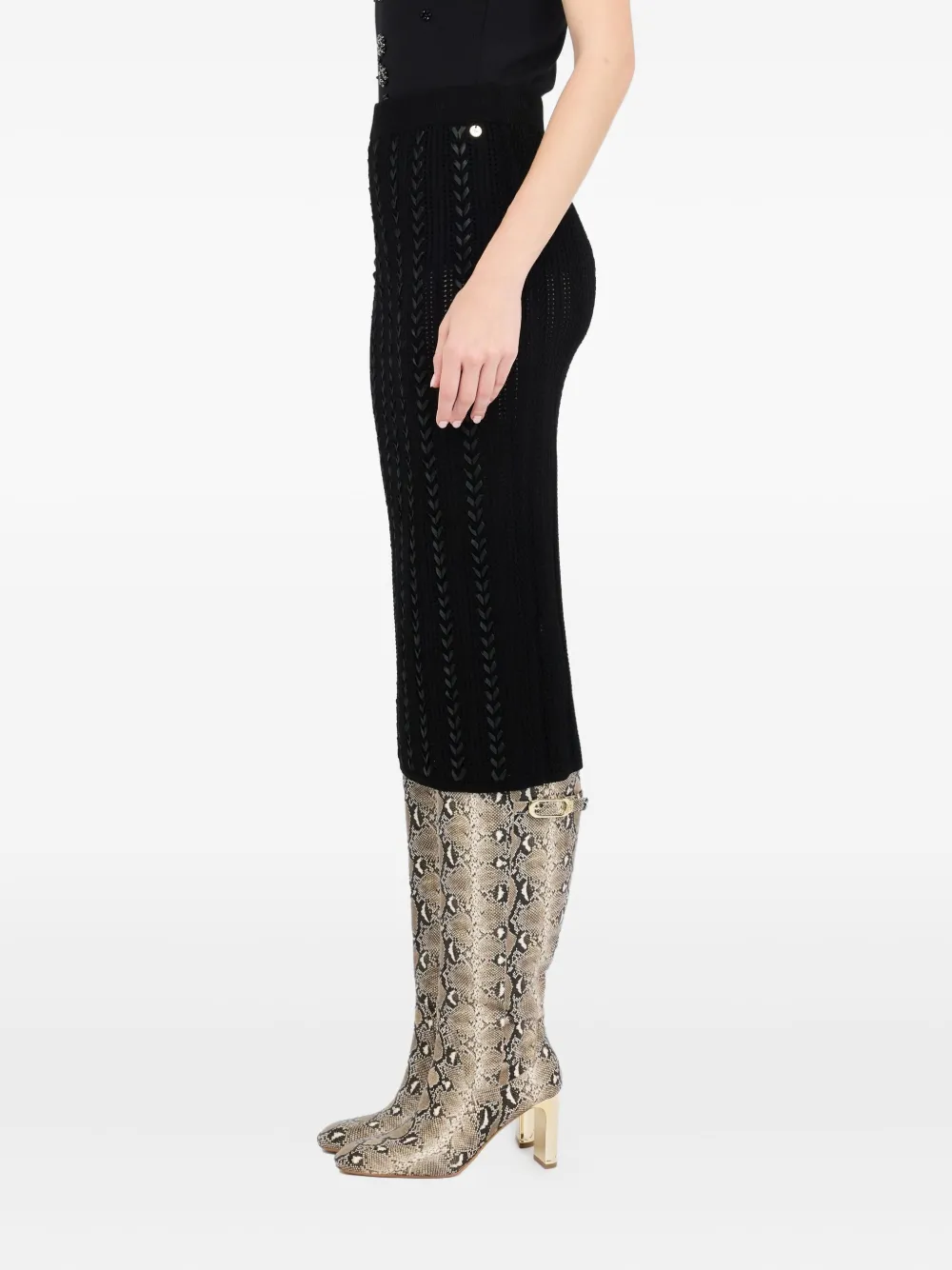 Liu •jo Braided Punched Knit Midi Fitted Skirt In Black
