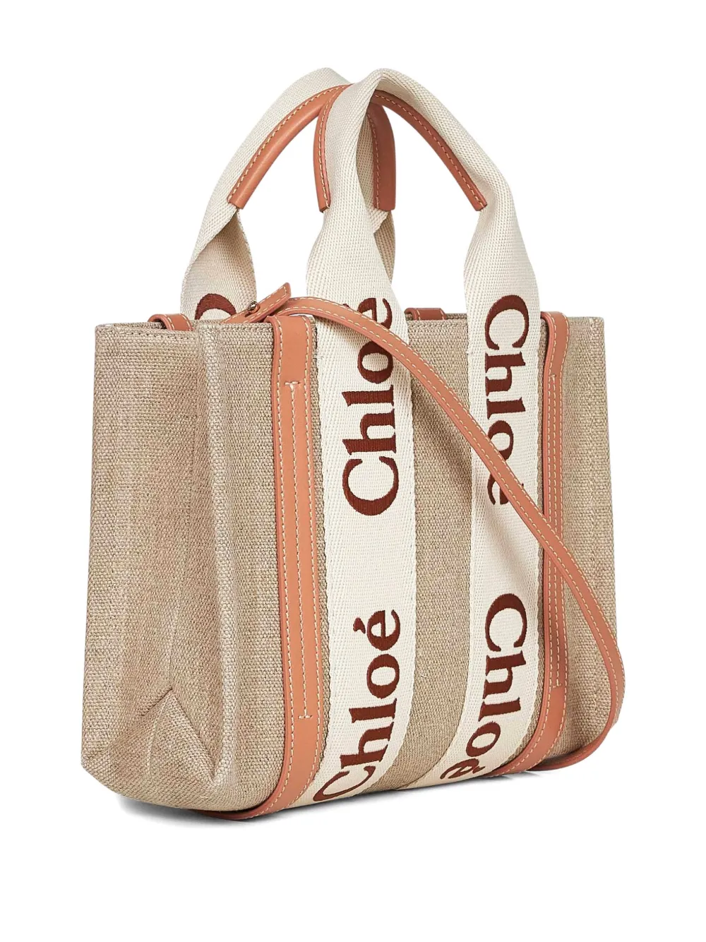 Chloé Woody kleine linnen shopper met logodetail - Beige