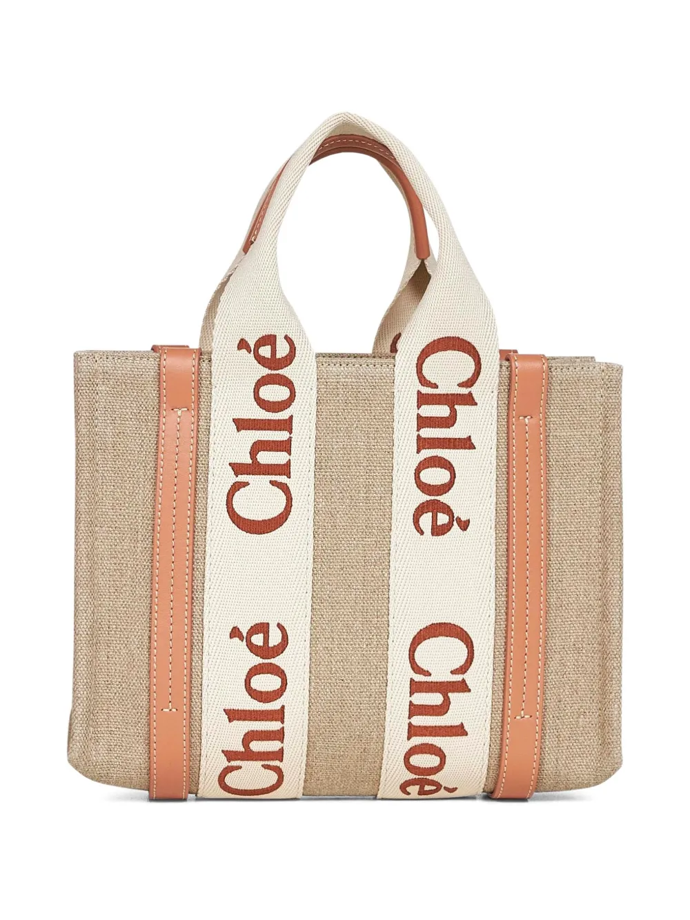 Chloé Woody kleine linnen shopper met logodetail Beige