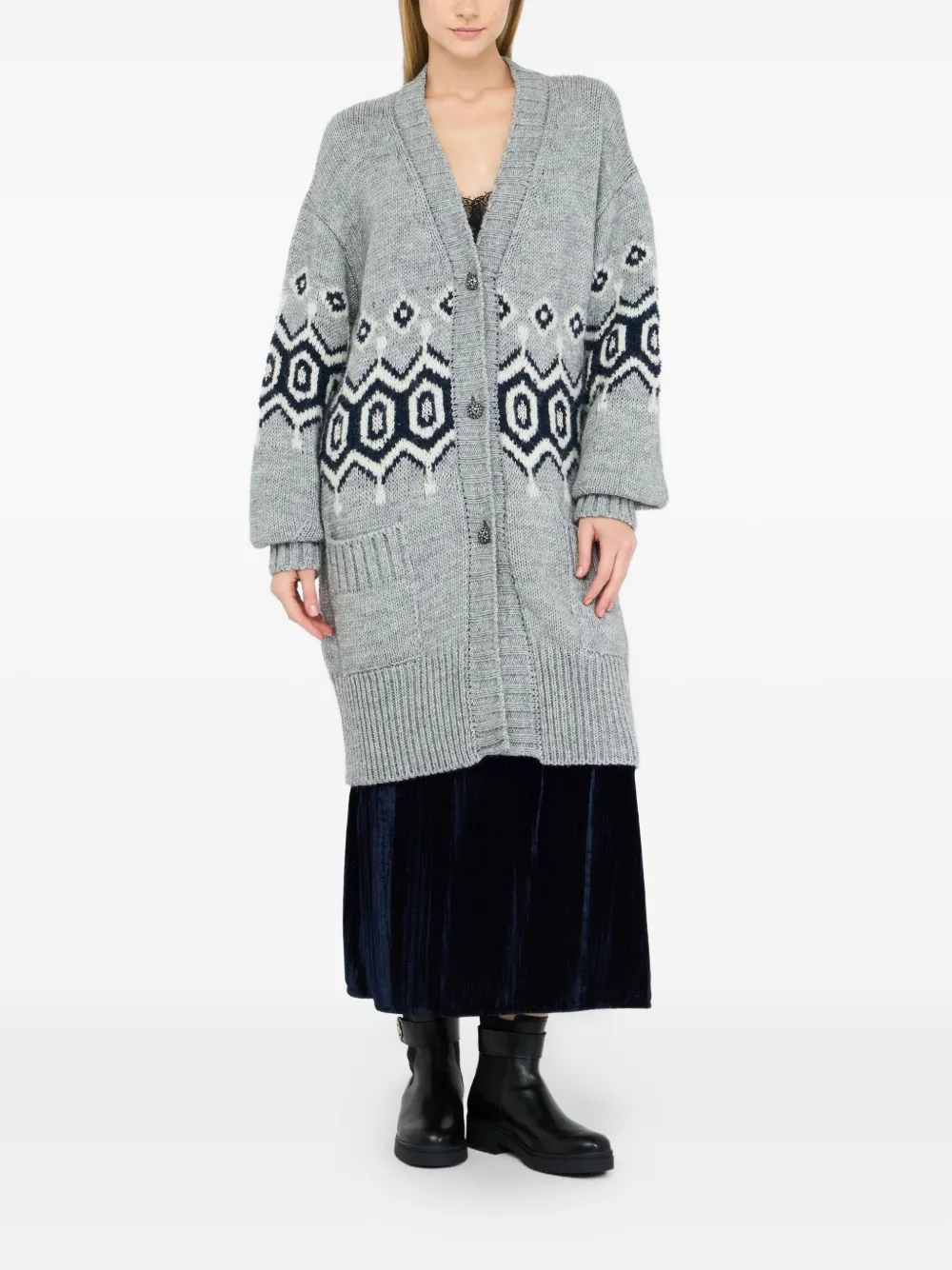 Liu •jo Jacquard Puff-sleeve Cardi-coat In Multi