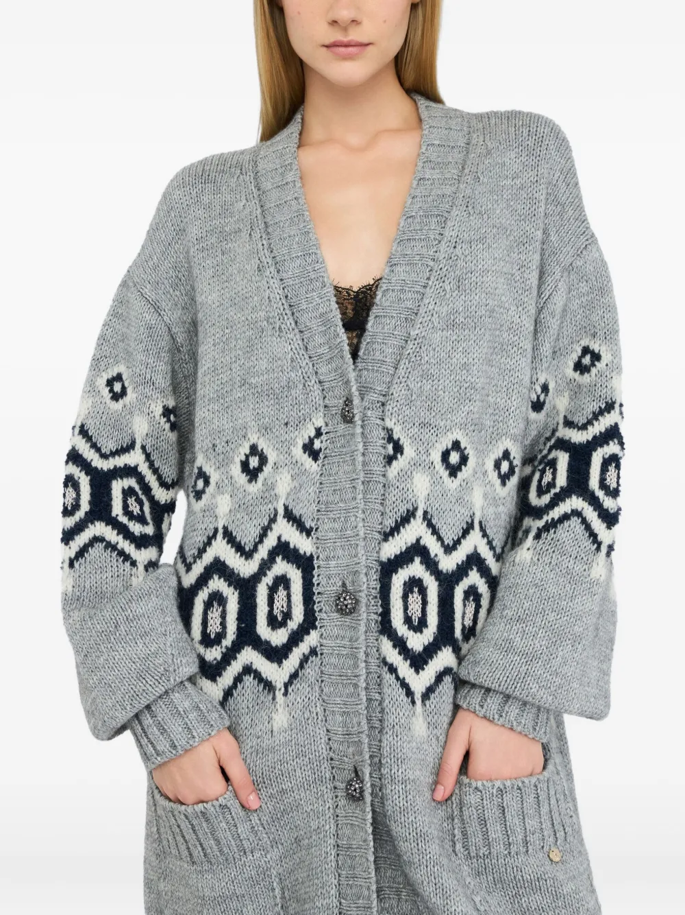 Liu •jo Jacquard Puff-sleeve Cardi-coat In Multi