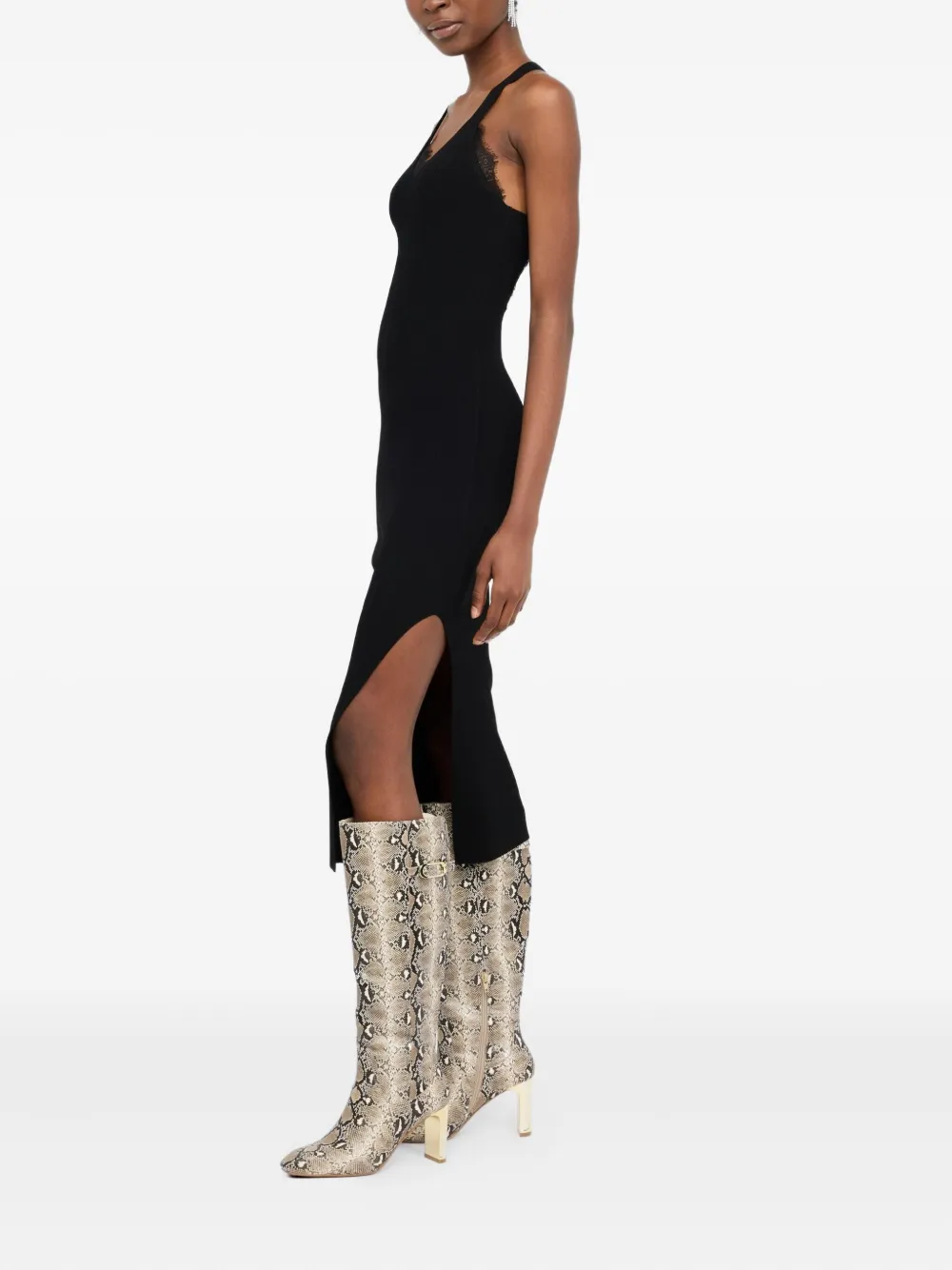 LIU JO lace-insert ribbed-knit midi dress Zwart