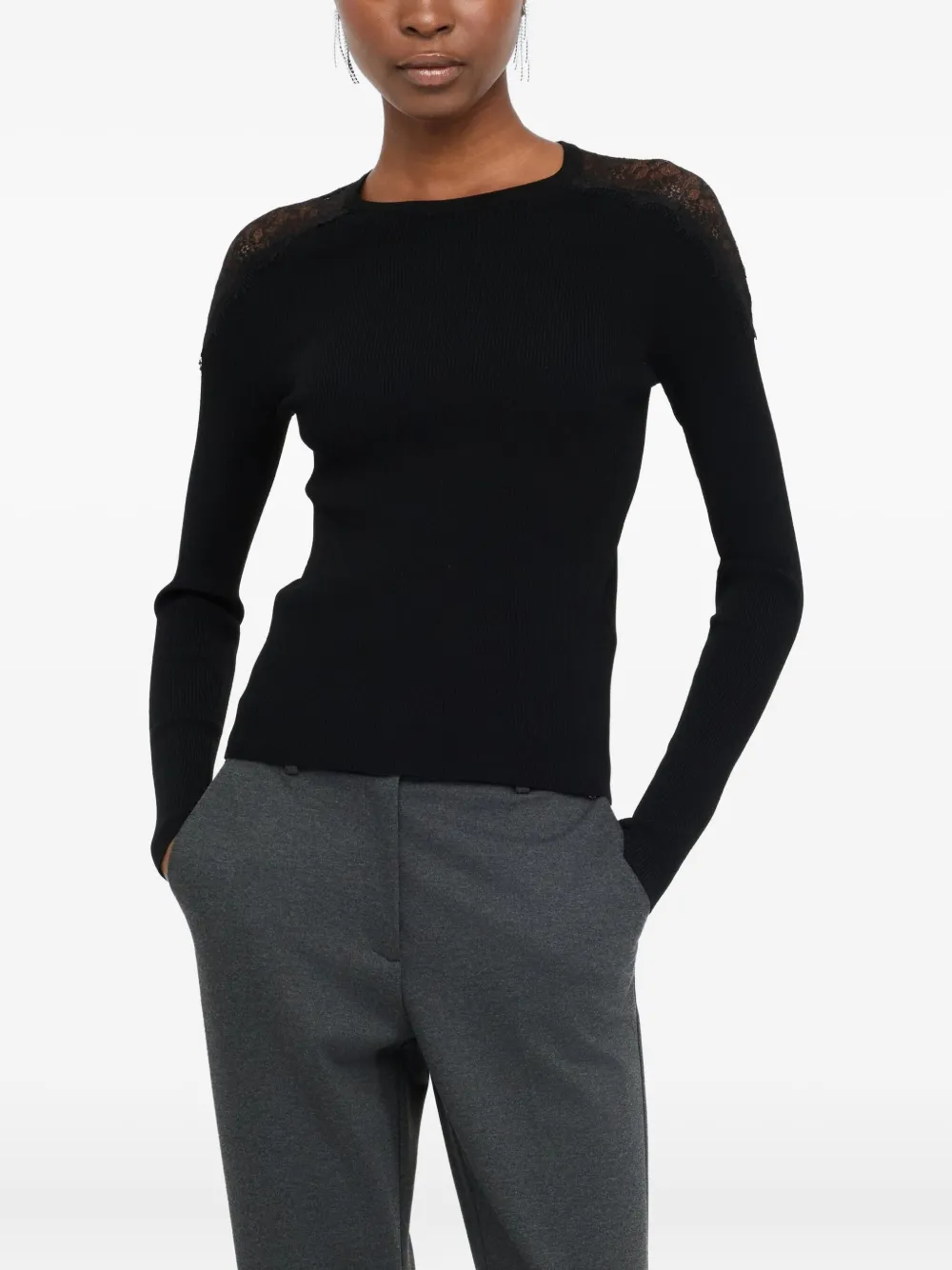 LIU JO lace-insert ribbed sweater Zwart