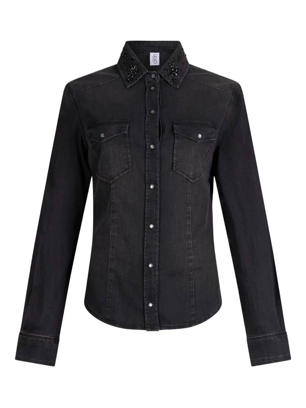 Liu •jo Rhinestone-embellished Denim Shirt In Black