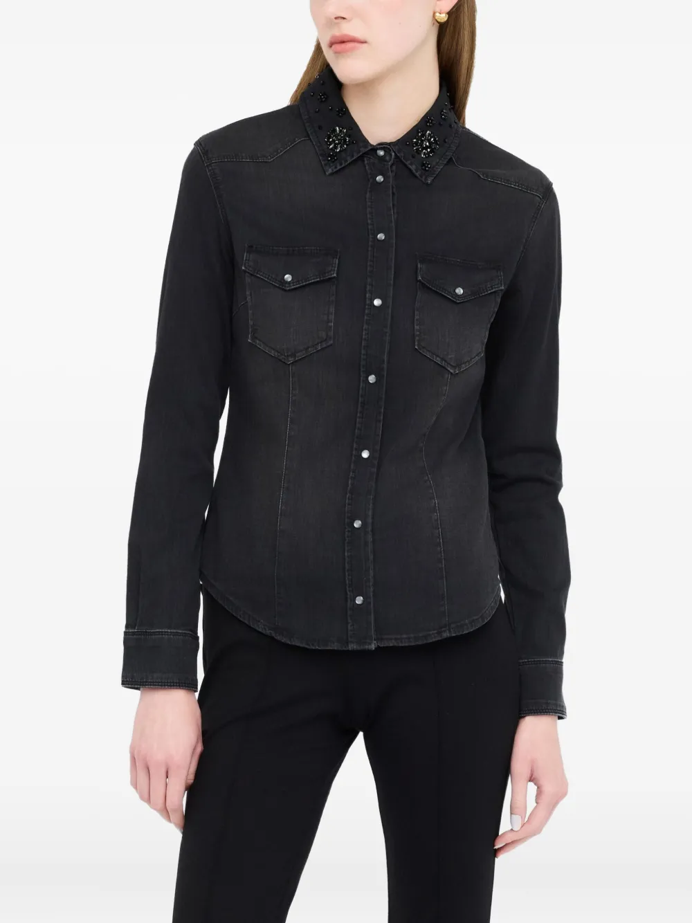 Liu •jo Rhinestone-embellished Denim Shirt In Black