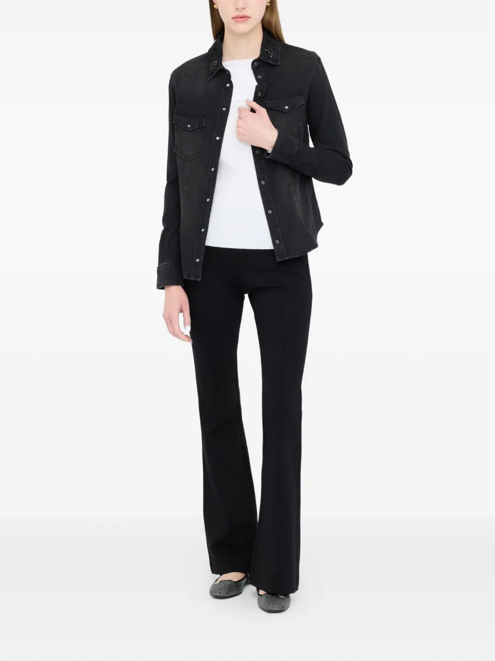Liu •jo Rhinestone-embellished Denim Shirt In Black